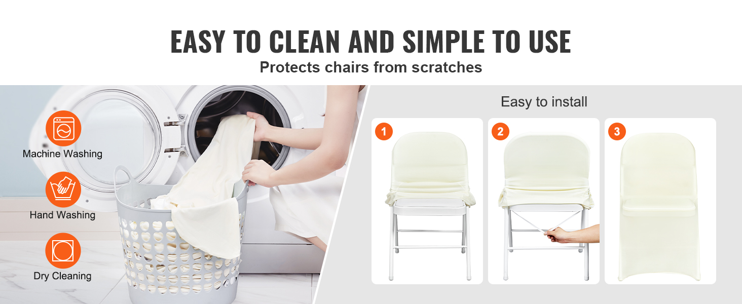VEVOR spandex folding chair covers, easy to clean, machine washable, protect chairs from scratches.