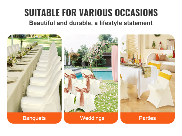 VEVOR spandex folding chair covers for banquets, weddings, and parties setup styles.