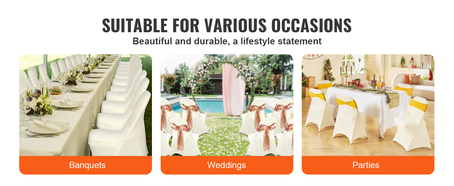VEVOR spandex folding chair covers for banquets, weddings, and parties setup styles.