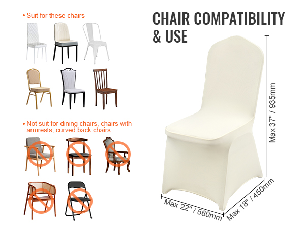 VEVOR stretch spandex chair covers: suitable for armless chairs only, not for armrest or curved back chairs.