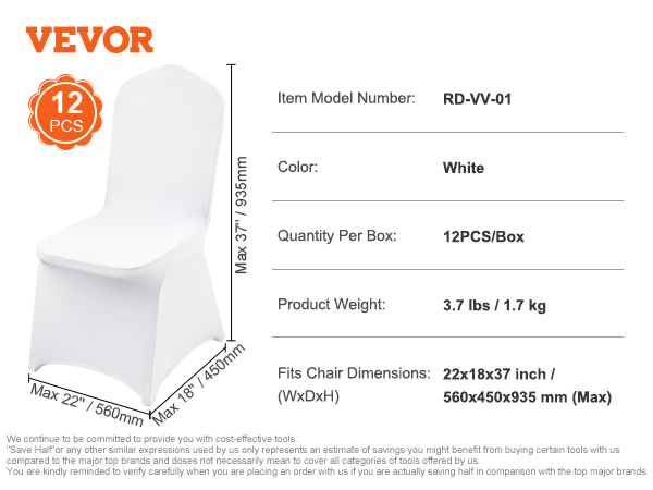 VEVOR chair covers for chairs up to 22x18x37 inches, white, 12pcs per box, model rd-vv-01.