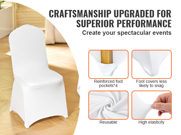 VEVOR stretch spandex chair covers: reinforced pockets, reusable, high elasticity, white color, elegant setting.