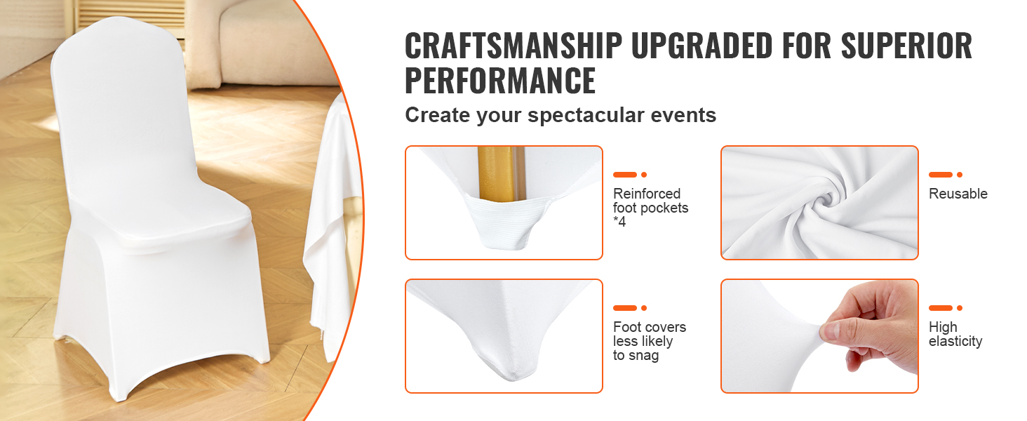 VEVOR stretch spandex chair covers: reinforced pockets, reusable, high elasticity, white color, elegant setting.