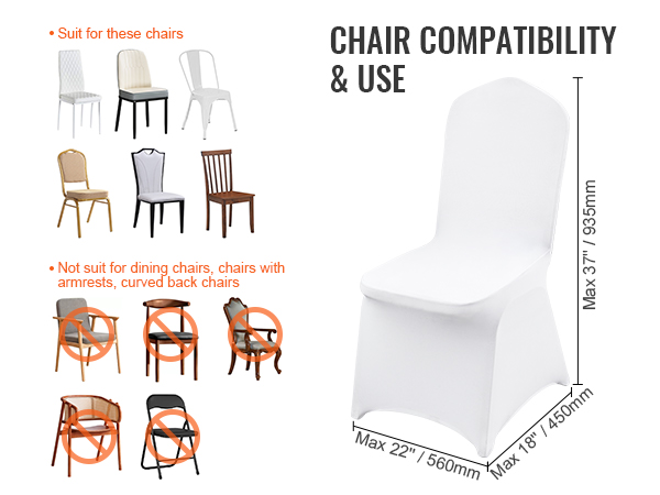 VEVOR stretch spandex chair covers fit armless chairs; not suitable for dining, armrests, or curved back chairs.