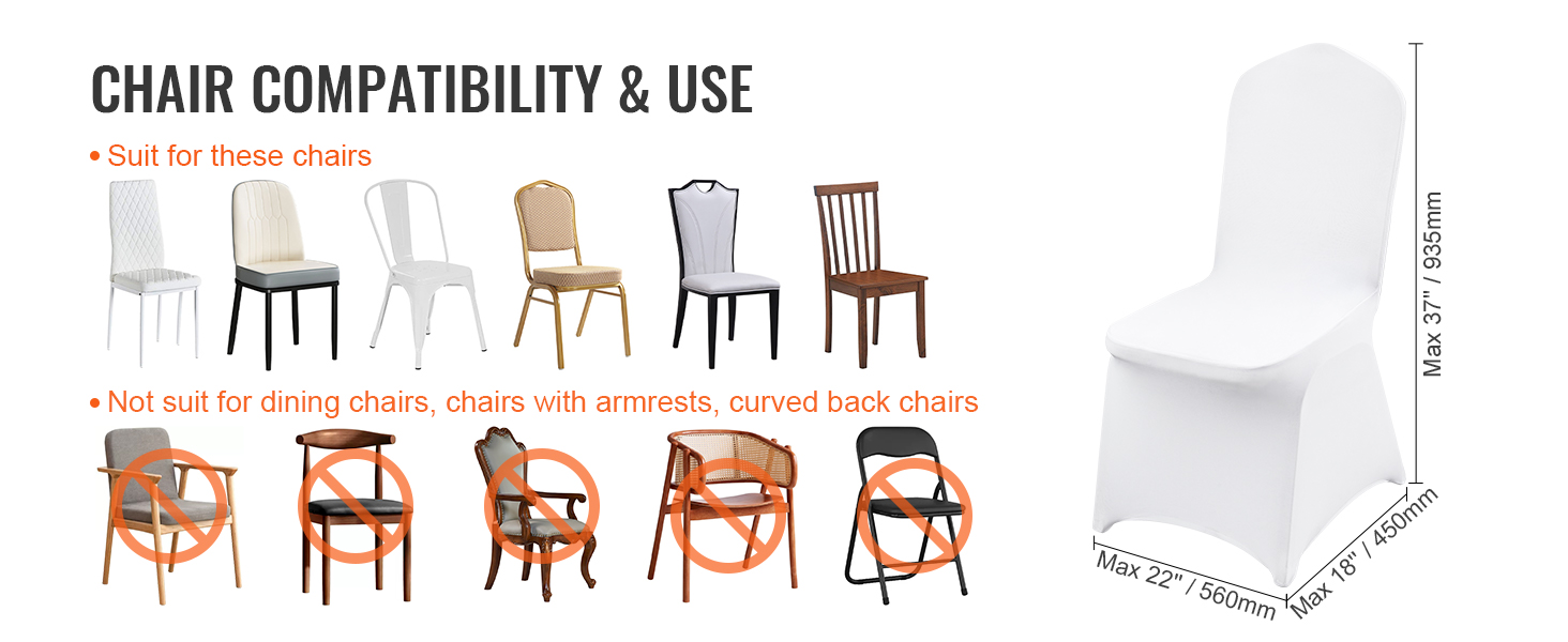 VEVOR stretch spandex chair covers fit armless chairs; not suitable for dining, armrests, or curved back chairs.