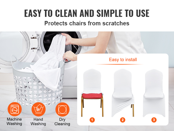 VEVOR stretch spandex chair covers: easy to clean and install, protects chairs, machine washable.