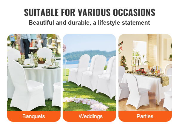 VEVOR stretch spandex chair covers for banquets, weddings, and parties, showcasing elegant setups.