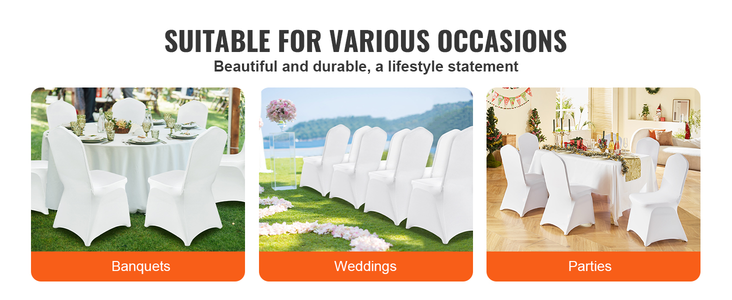 VEVOR stretch spandex chair covers for banquets, weddings, and parties, showcasing elegant setups.