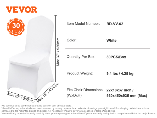 VEVOR chair covers, set of 30, white, fits chairs up to 22x18x37 inches, model rd-vv-02.