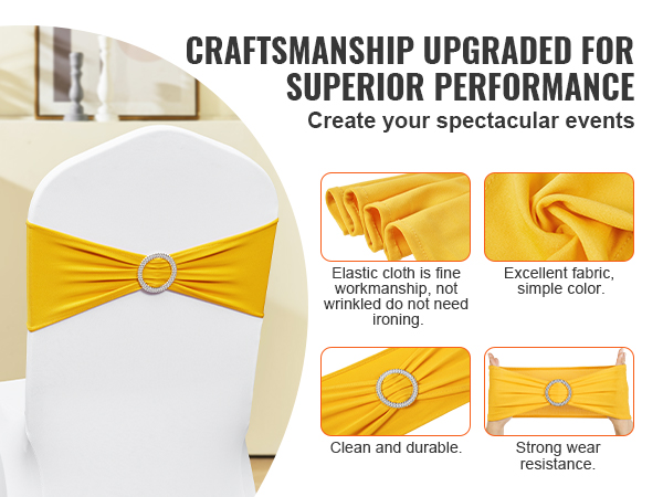 yellow VEVOR stretch spandex chair sashes with a rhinestone ring on a white chair, showcasing fine workmanship and durable fabric.
