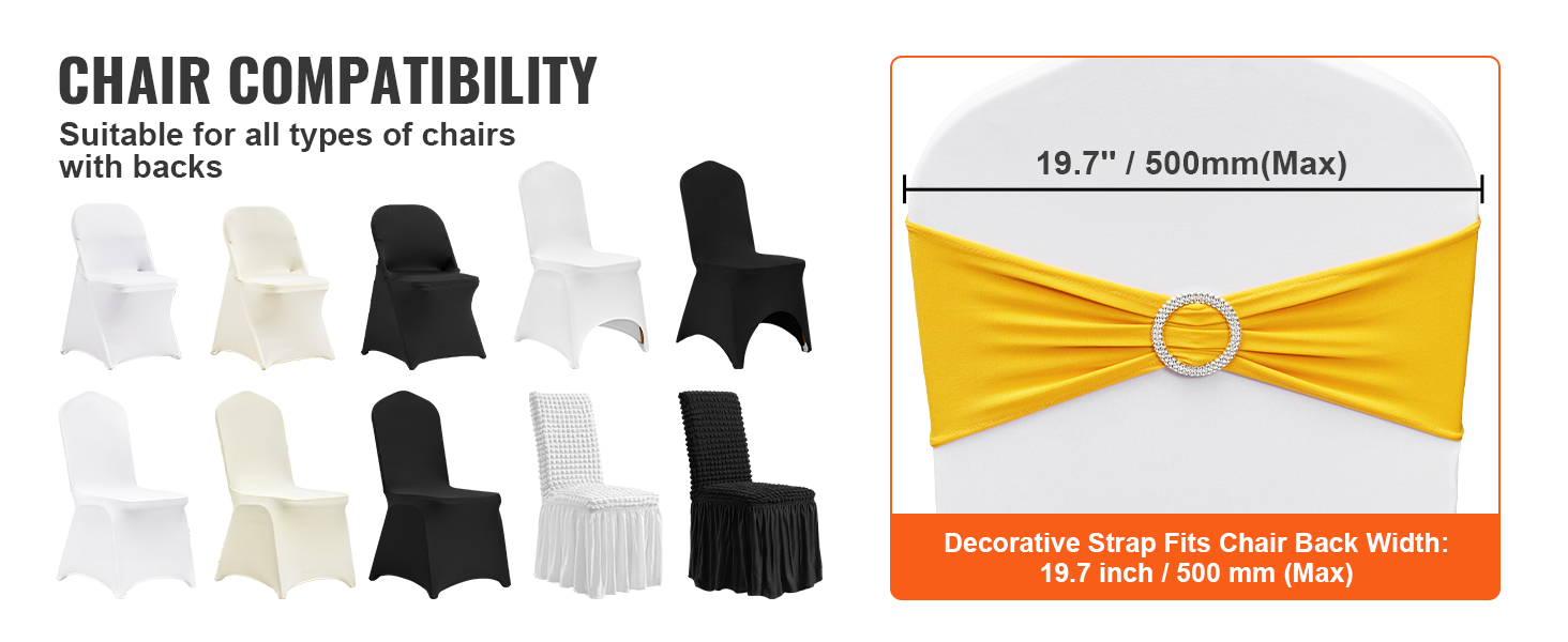 various chair designs showcasing VEVOR stretch spandex chair sashes, suitable for chairs up to 19.7" wide.