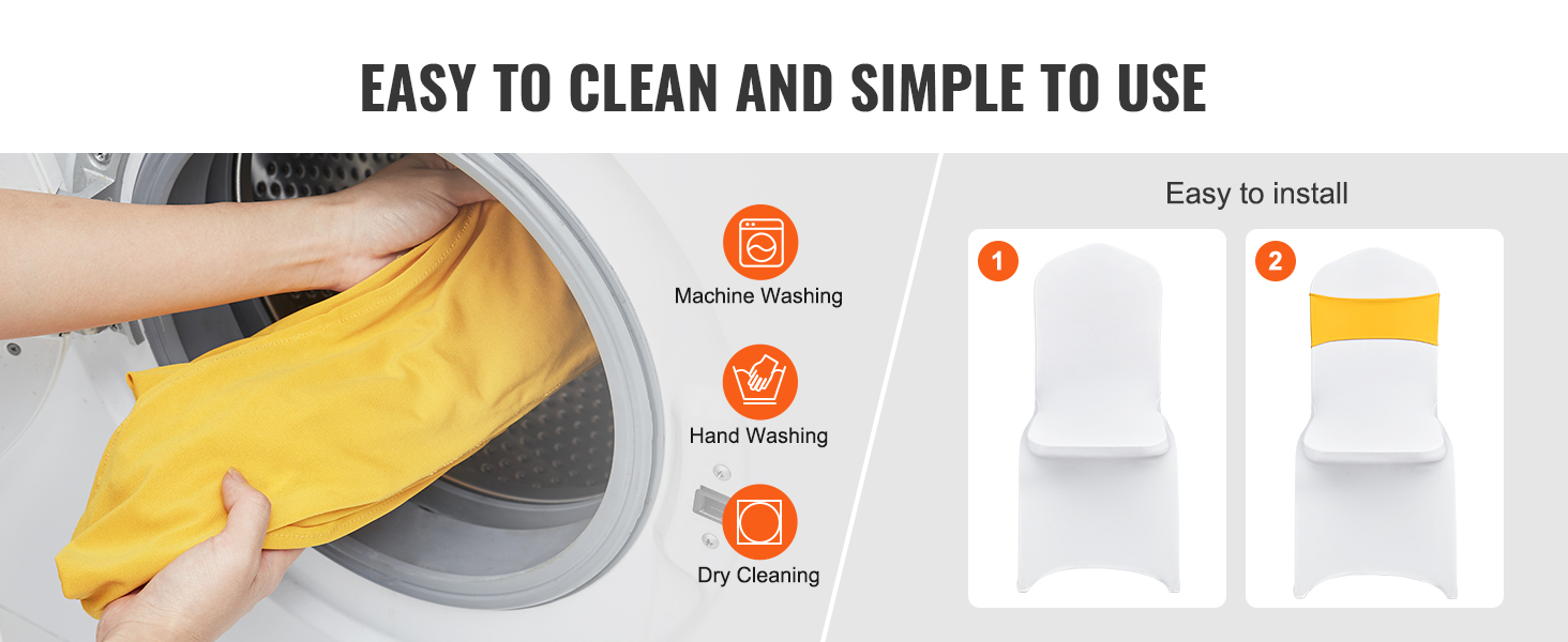 washing VEVOR stretch spandex chair sashes by machine. easy installation shown on white chairs.