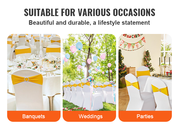 VEVOR stretch spandex chair sashes in various event setups: banquets, weddings, and parties.