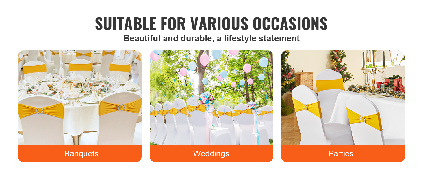VEVOR stretch spandex chair sashes in various event setups: banquets, weddings, and parties.