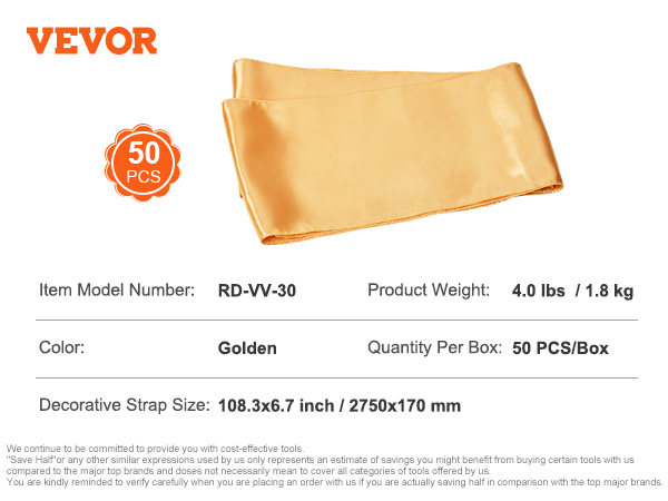 VEVOR stretch spandex chair sashes in golden color, 50 pcs/box, item model rd-vv-30, size 108.3x6.7 in.