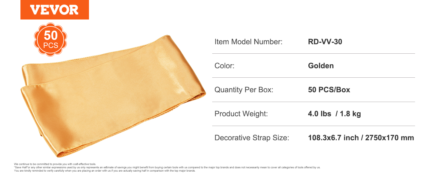 VEVOR stretch spandex chair sashes in golden color, 50 pcs/box, item model rd-vv-30, size 108.3x6.7 in.