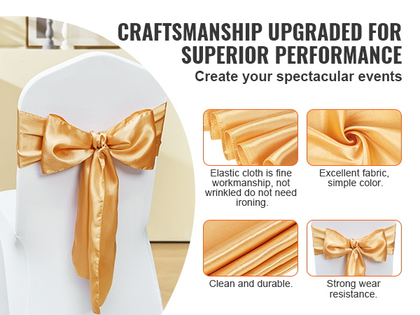 gold VEVOR stretch spandex chair sashes for events, showcasing fine fabric, durability, and wrinkle-free quality.