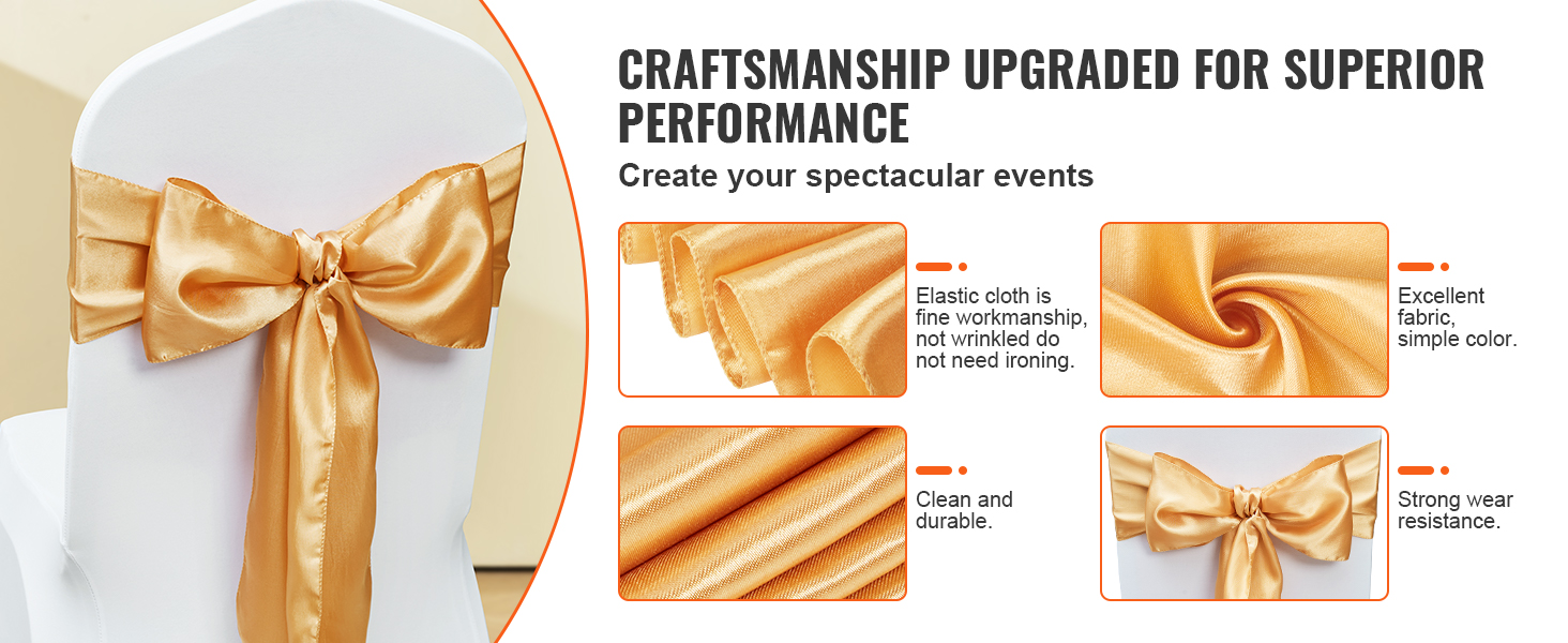 gold VEVOR stretch spandex chair sashes for events, showcasing fine fabric, durability, and wrinkle-free quality.