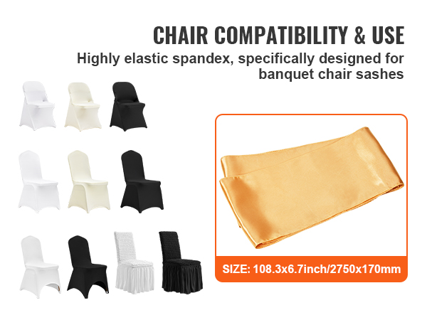 chair compatibility for various chairs with backs, featuring gold VEVOR stretch spandex chair sashes.