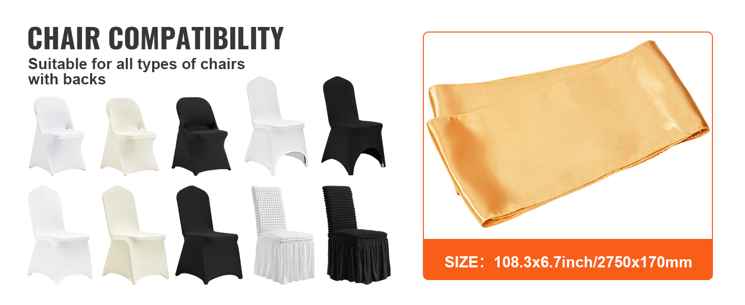 chair compatibility for various chairs with backs, featuring gold VEVOR stretch spandex chair sashes.