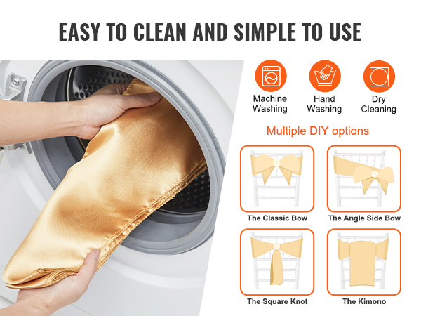 VEVOR stretch spandex chair sashes, easy to clean via machine wash, with multiple diy tie options.