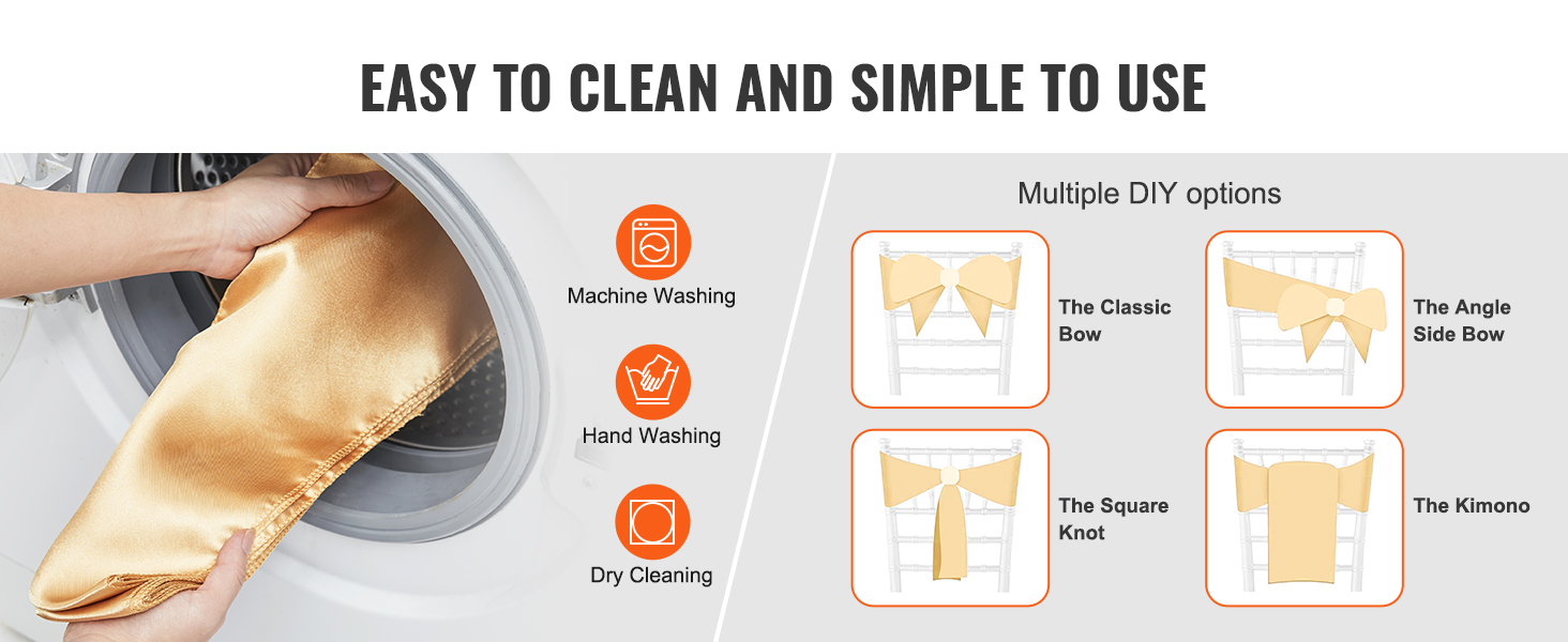 VEVOR stretch spandex chair sashes, easy to clean via machine wash, with multiple diy tie options.