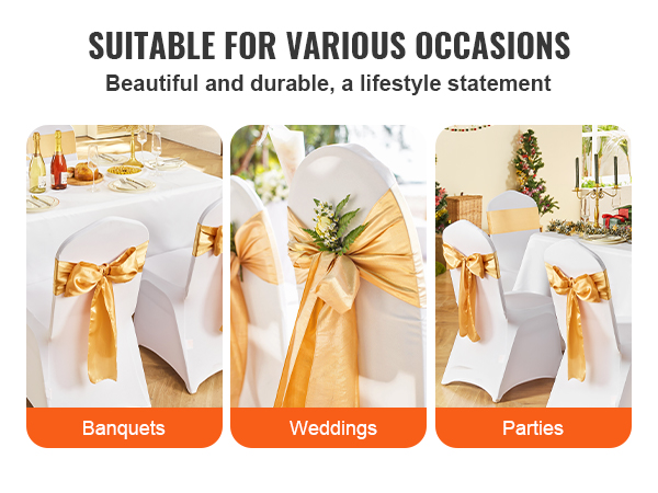 VEVOR stretch spandex chair sashes in gold for banquets, weddings, and parties. elegant and versatile.