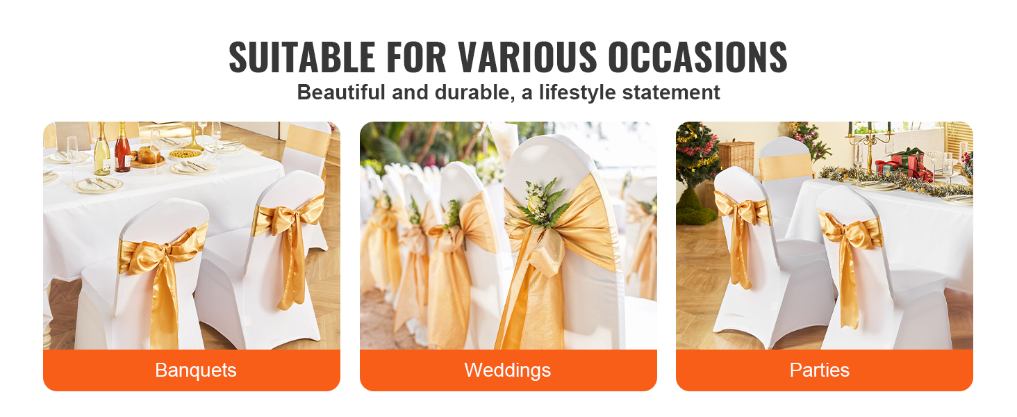 VEVOR stretch spandex chair sashes in gold for banquets, weddings, and parties. elegant and versatile.