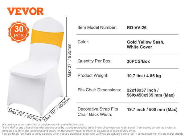 VEVOR chair covers, white with a gold yellow sash, 30 pcs, fits 22x18x37 inch chairs, model rd-vv-26.