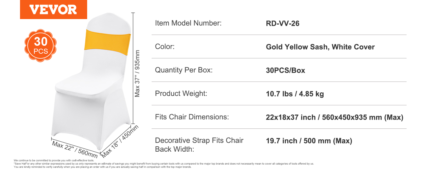 VEVOR chair covers, white with a gold yellow sash, 30 pcs, fits 22x18x37 inch chairs, model rd-vv-26.
