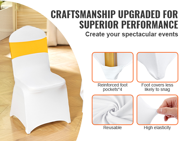 VEVOR chair covers, elastic, reusable, with reinforced foot pockets for superior performance at events.