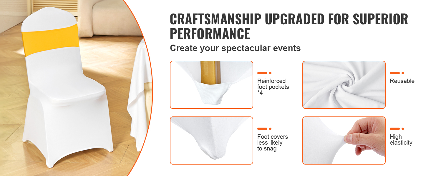 VEVOR chair covers, elastic, reusable, with reinforced foot pockets for superior performance at events.