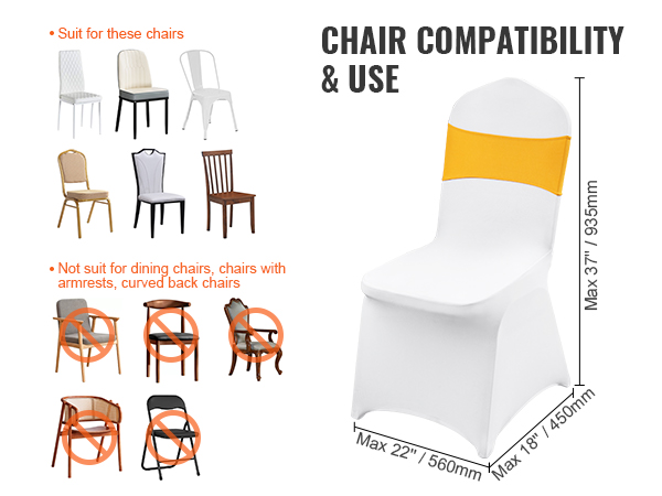 VEVOR chair covers are suited for various chair types but not for dining chairs with armrests or curved backs.