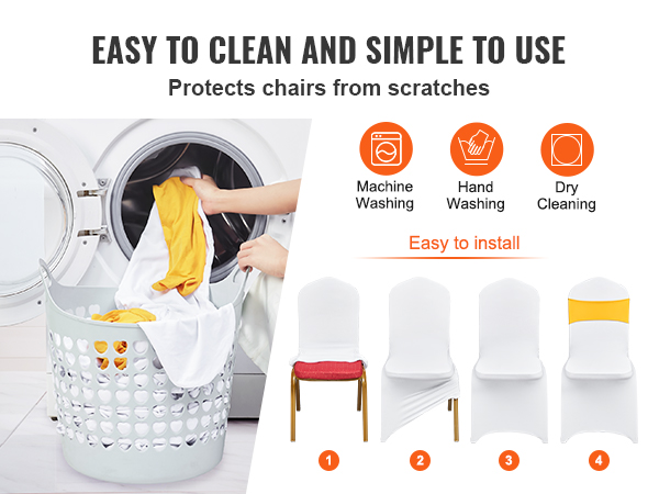 easy to clean VEVOR chair covers, machine washable, hand wash, or dry clean, simple installation steps.