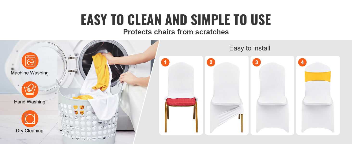 easy to clean VEVOR chair covers, machine washable, hand wash, or dry clean, simple installation steps.