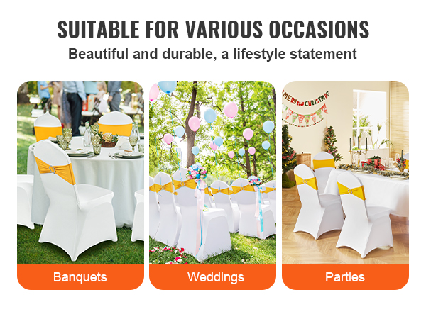 VEVOR chair covers for banquets, weddings, and parties, showcasing elegant white covers with yellow sashes.