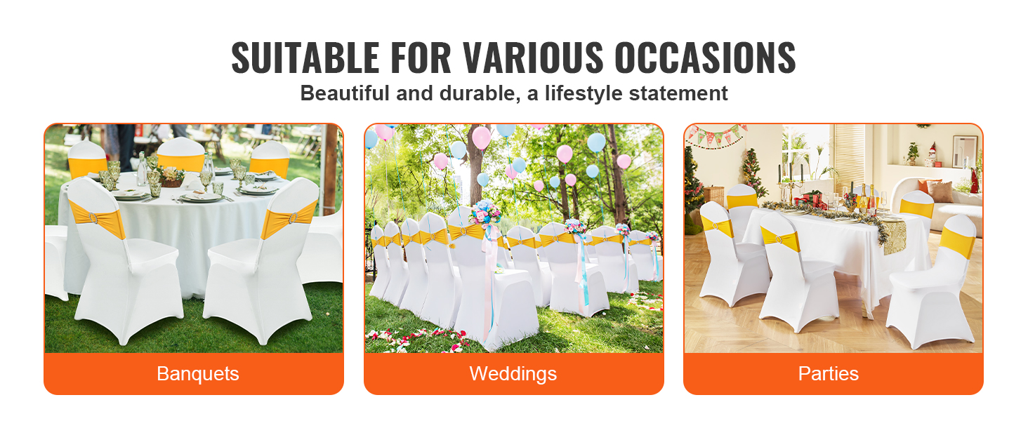 VEVOR chair covers for banquets, weddings, and parties, showcasing elegant white covers with yellow sashes.