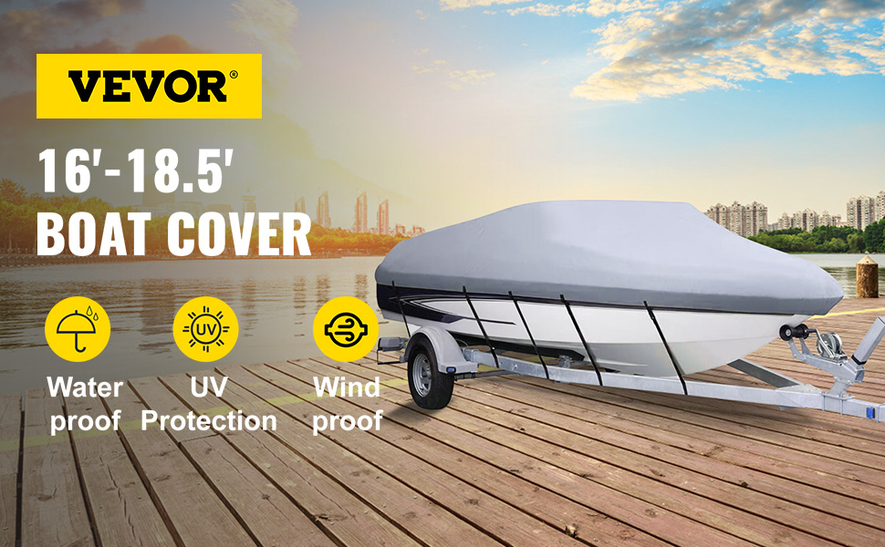 VEVOR waterproof boat cover on a trailer by the dock with city skyline background.