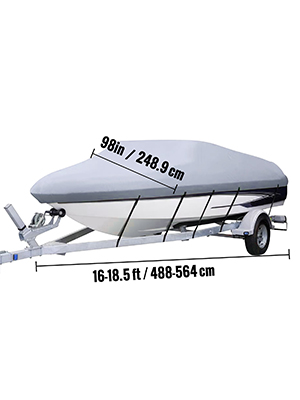 VEVOR waterproof boat cover on a trailer, fitting boats 16-18.5 ft and 98 inches wide.
