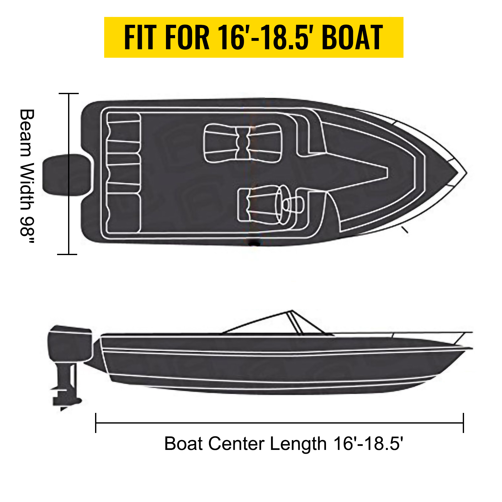 VEVOR waterproof boat cover for 16'-18.5' boat with 98" beam width.