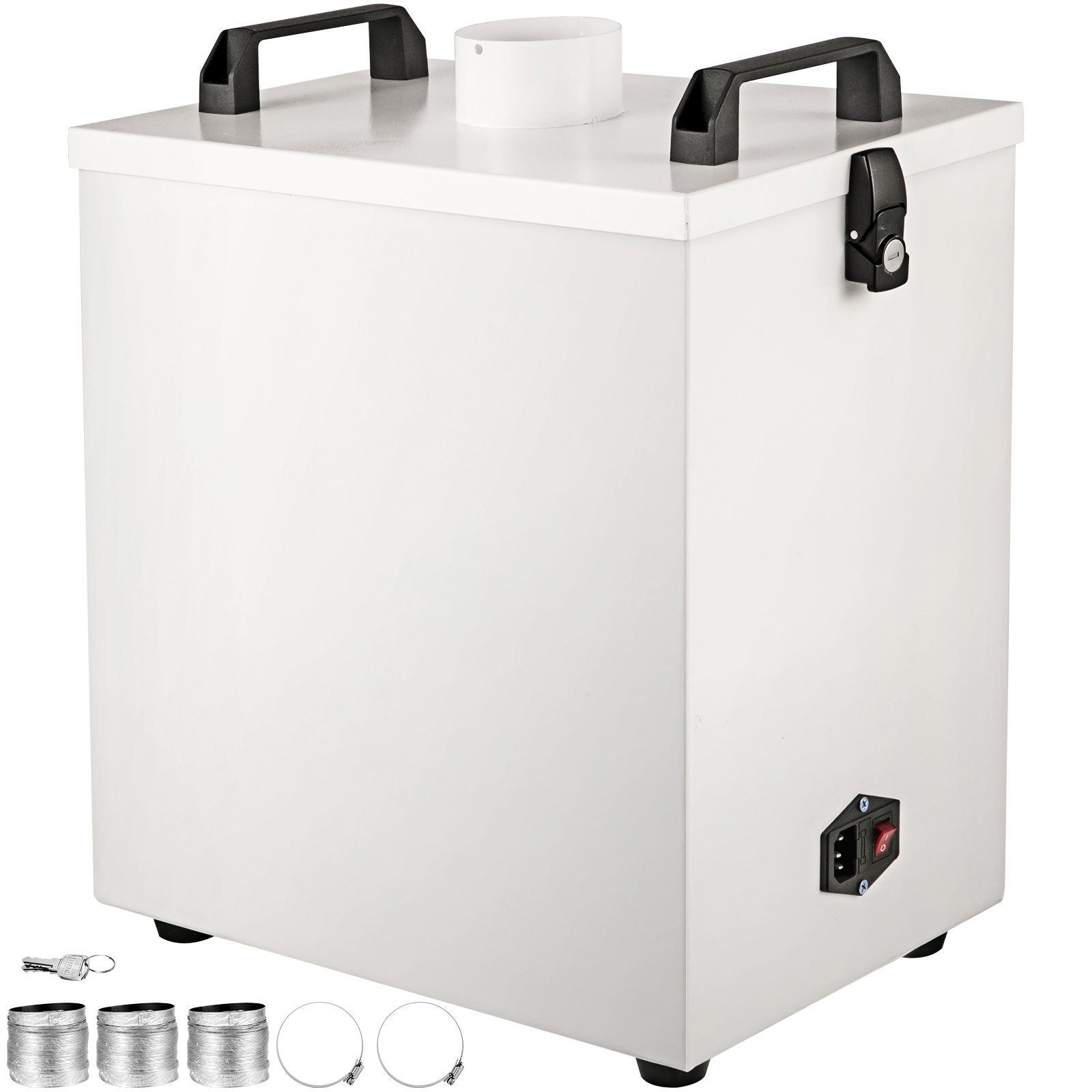 white VEVOR smoke air purifier with black handles and flexible ducts attached nearby.