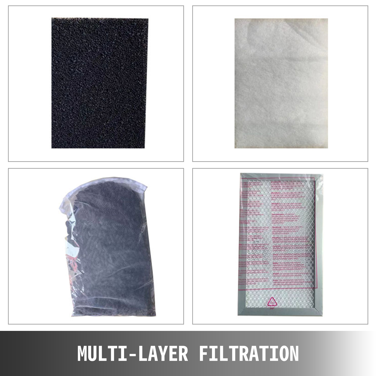 VEVOR smoke air purifier multi-layer filtration system showing four different filters.