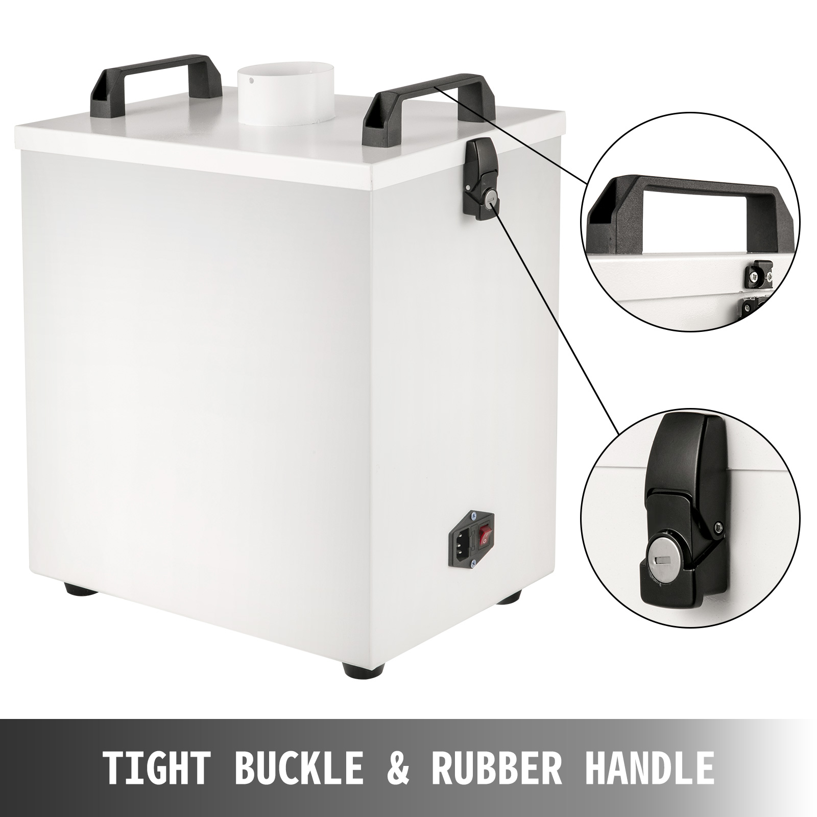 VEVOR smoke air purifier with tight buckle and rubber handle for secure transport.