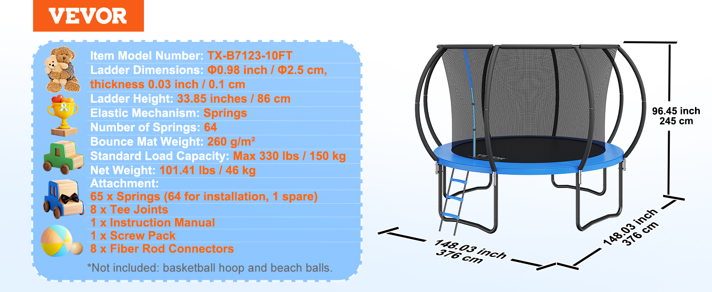 VEVOR trampoline details with dimensions, features, and attachments including springs, tee joints, and instruction manual.
