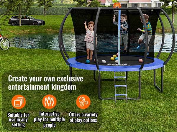 VEVOR trampoline for outdoor interactive play, featuring kids jumping inside with assorted balls.