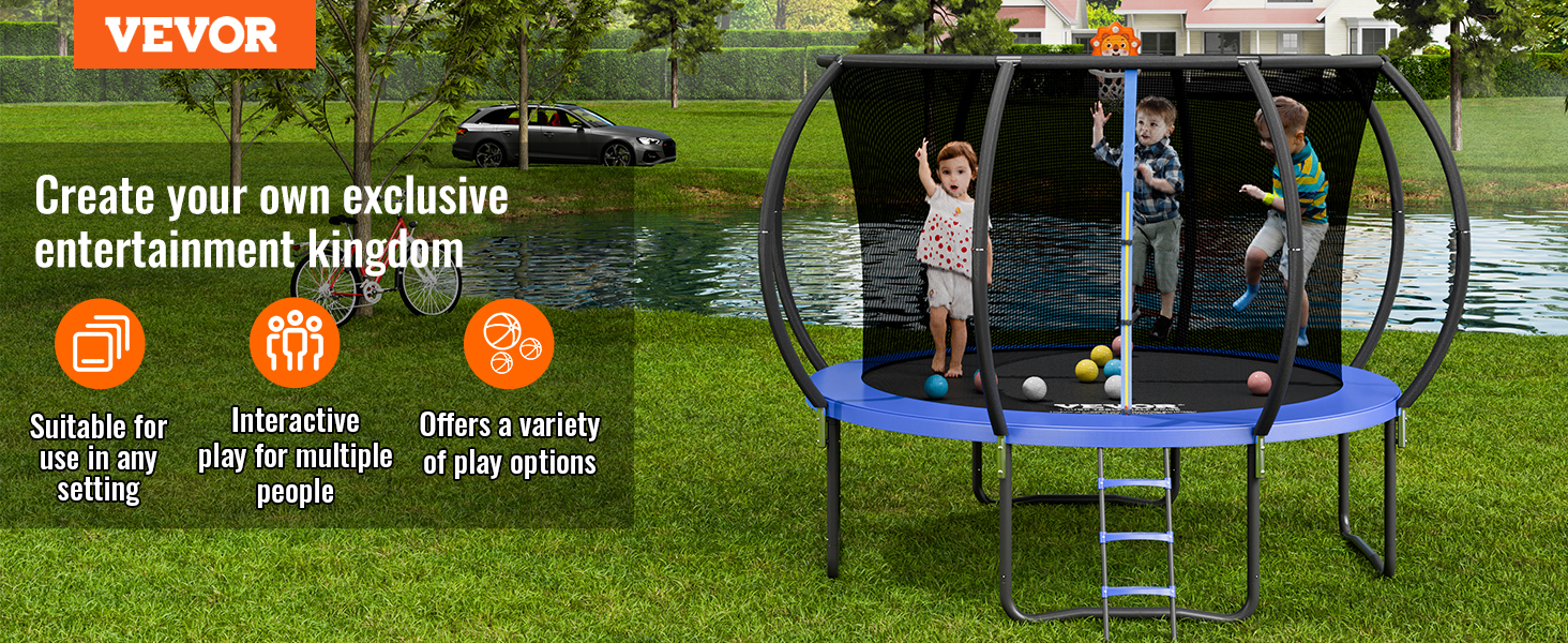 VEVOR trampoline for outdoor interactive play, featuring kids jumping inside with assorted balls.