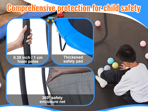 comprehensive child safety features of VEVOR trampoline with foam poles, thick safety pad, and 360° net.