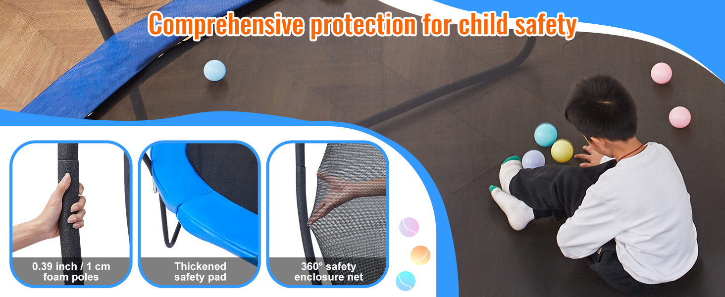 comprehensive child safety features of VEVOR trampoline with foam poles, thick safety pad, and 360° net.