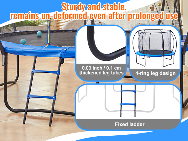 VEVOR trampoline with thickened leg tubes, 4-ring leg design, and fixed ladder for stability and durability.