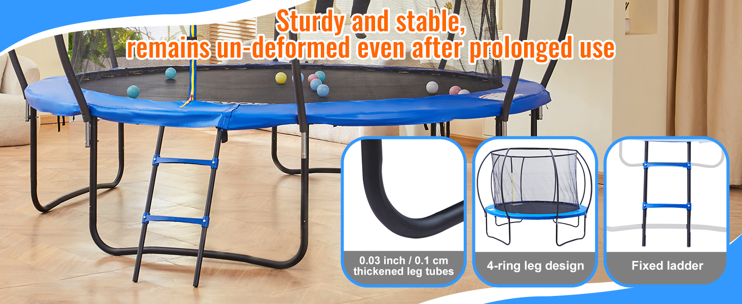 VEVOR trampoline with thickened leg tubes, 4-ring leg design, and fixed ladder for stability and durability.